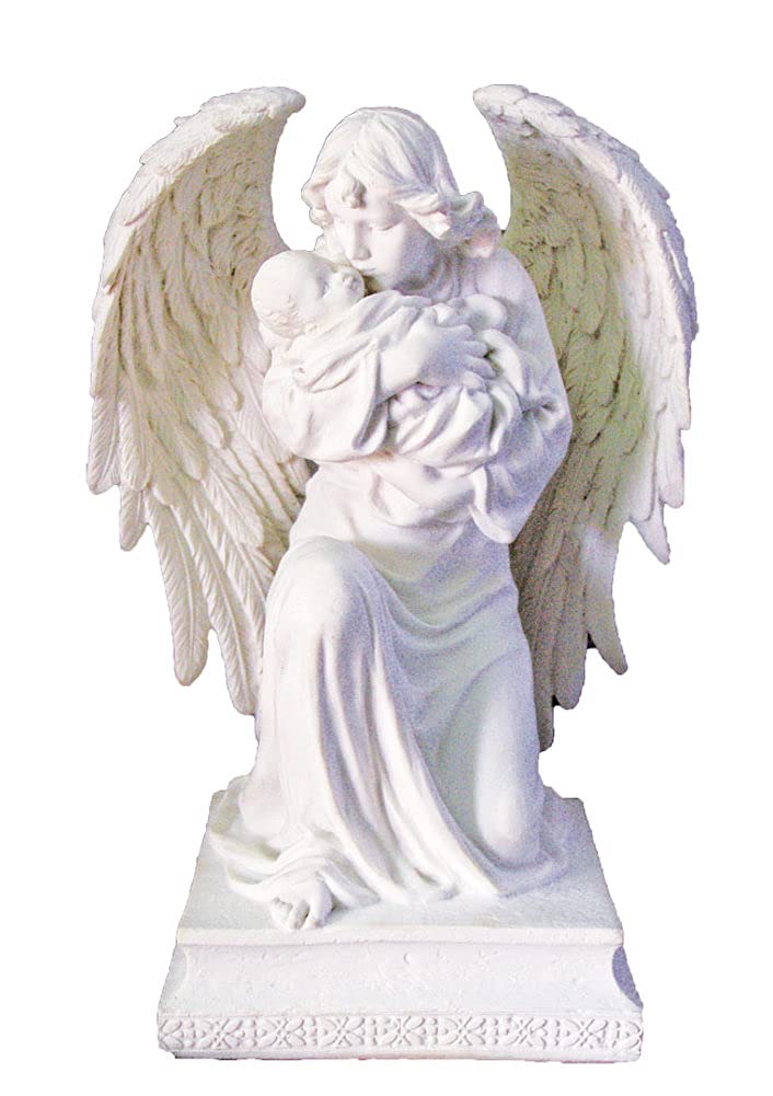 7.25" Seated Angel with Baby Memorial Statue, White Resin, # 21954