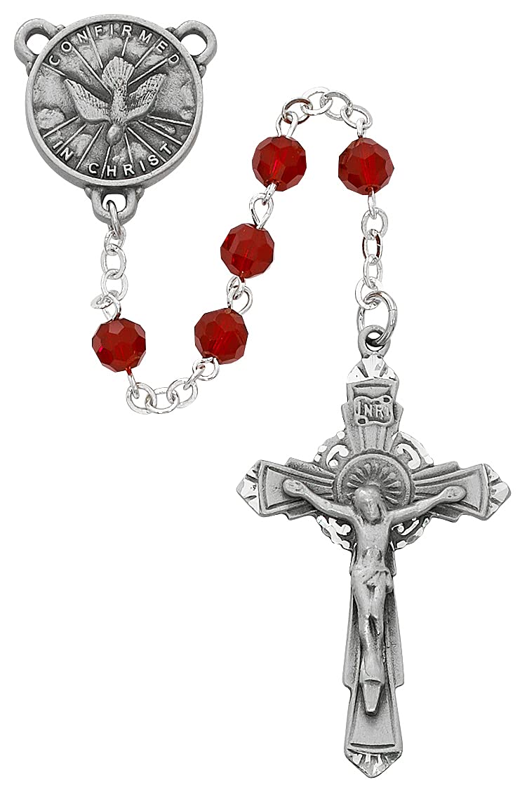 Red Crystal Bead Holy Spirit Rosary, Pewter Center and 1-3/4" Crucifix # 21226