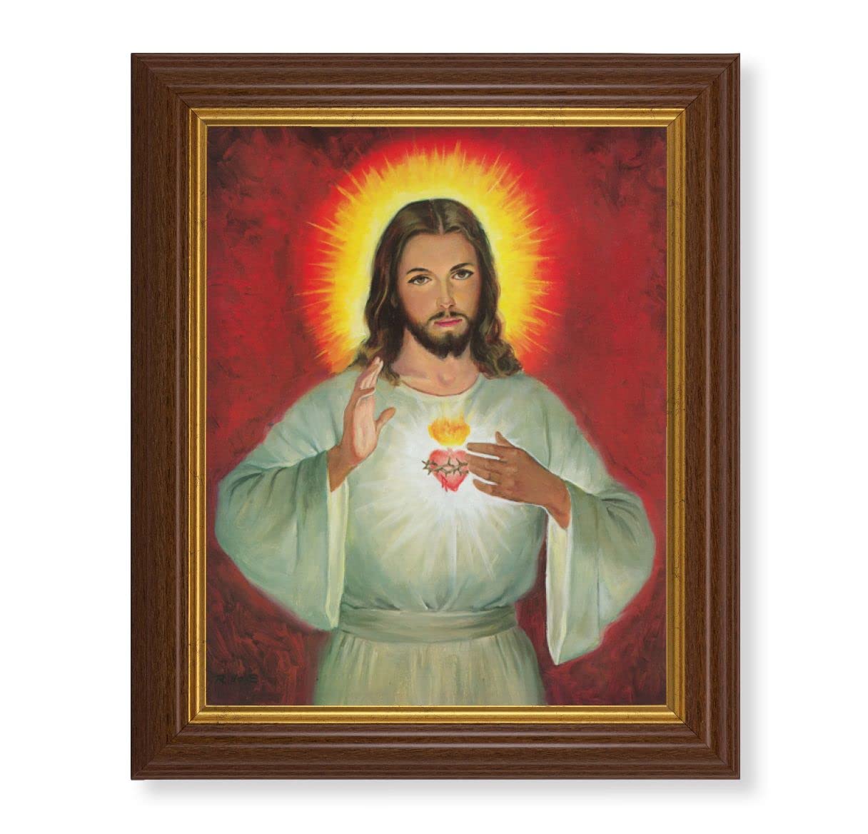 Sacred Heart of Jesus Picture, 10.5"x12.5" Walnut Finished Fluted Frame, Gold Beaded Lip, Italian Print # 27102
