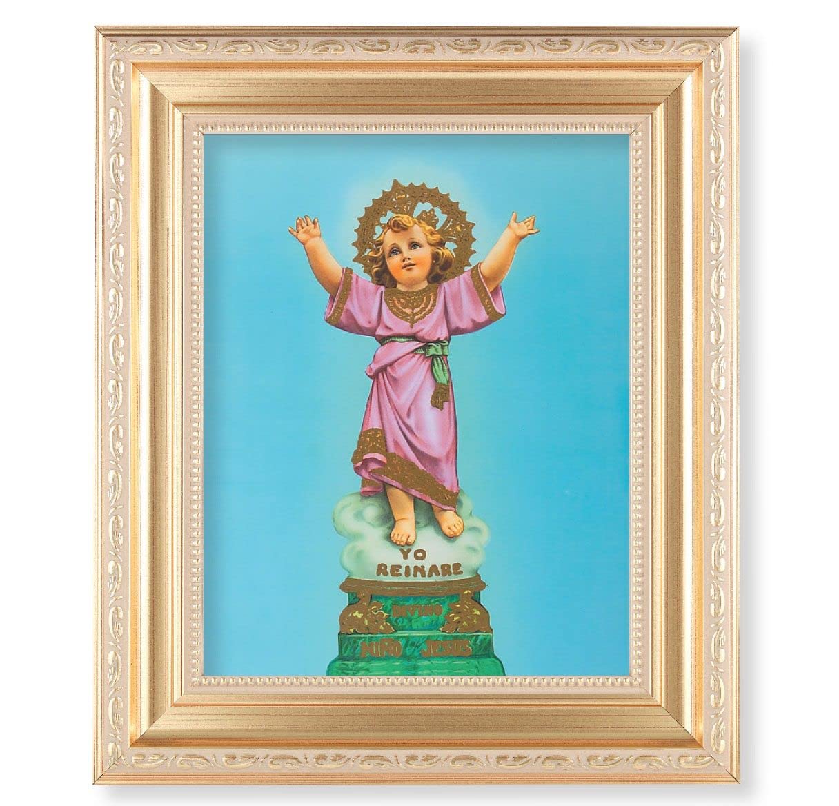 Divino Nino, 11.5"x13.5" Satin Gold Frame, Distressed Finish with Scrollwork, Italian Print Under Glass # 26392