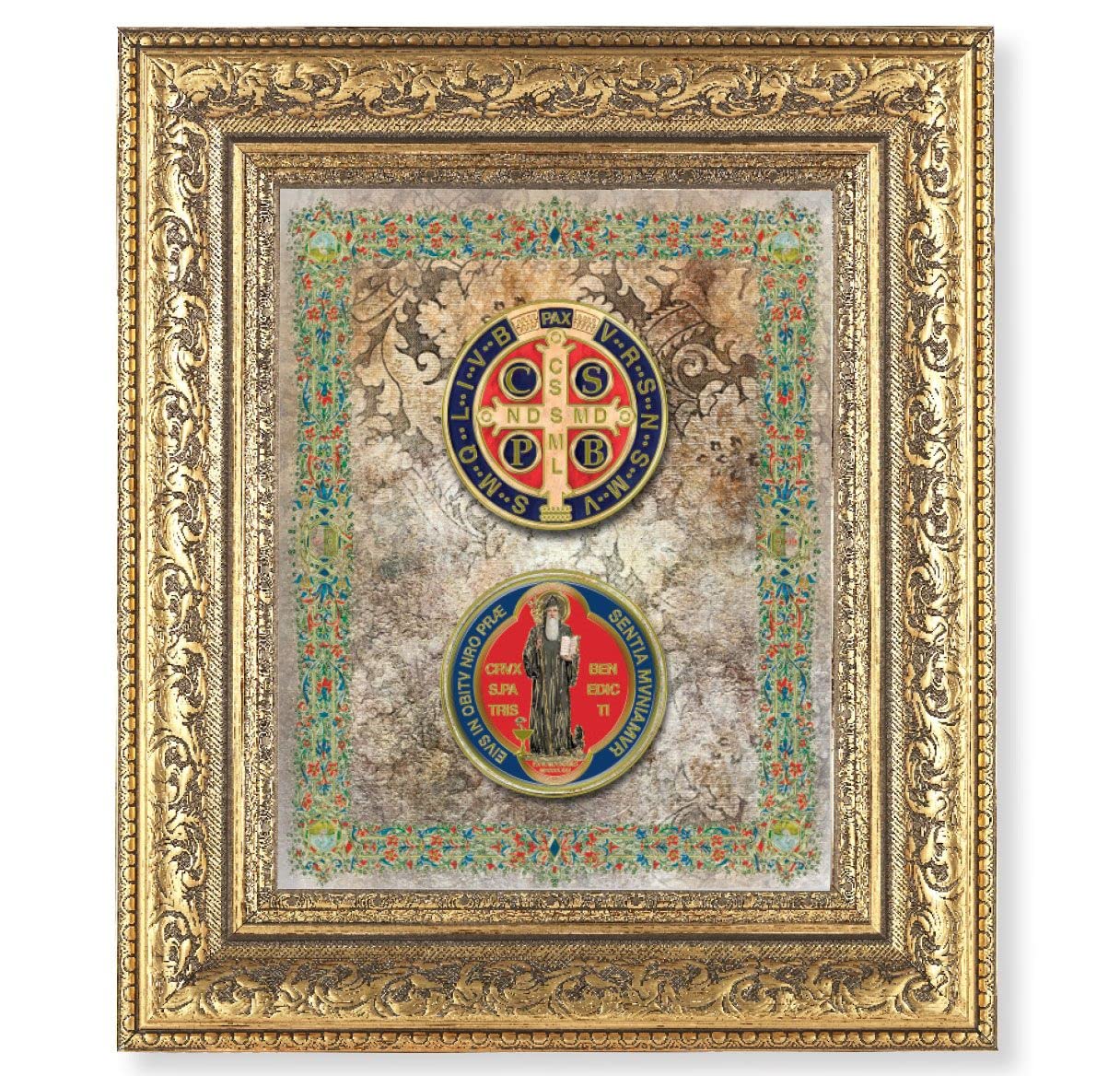 Medals of St. Benedict Picture, 12-1/2"x14-1/2, Antique Gold Leaf Carvings Ornate Frame, Italian Gold Stamped Print Under Glass # 25547