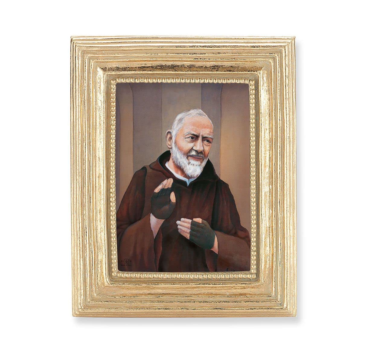 St. Padre Pio Picture, Gold Finish 3-7/8"x4-3/4 Frame, Exclusive Gold Stamped Print Under Glass # 28348