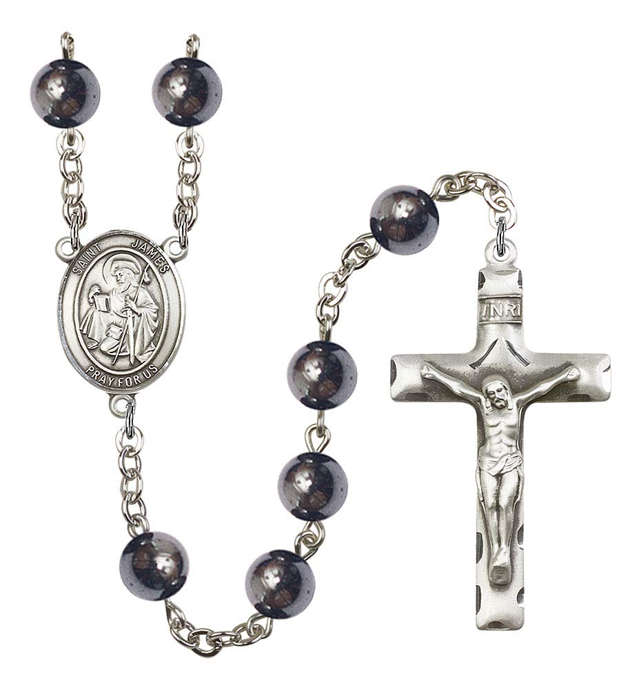 St. James Rosary, 8mm Hematite Beads, Silver Plate, # 11058
