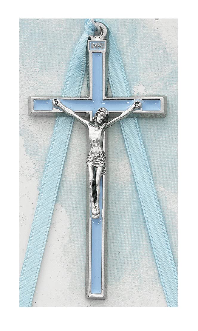 Boy's Cross with Blue Enamel & Ribbon, Fine Pewter, 2-Count Value Pack 3-1/2" # 21545