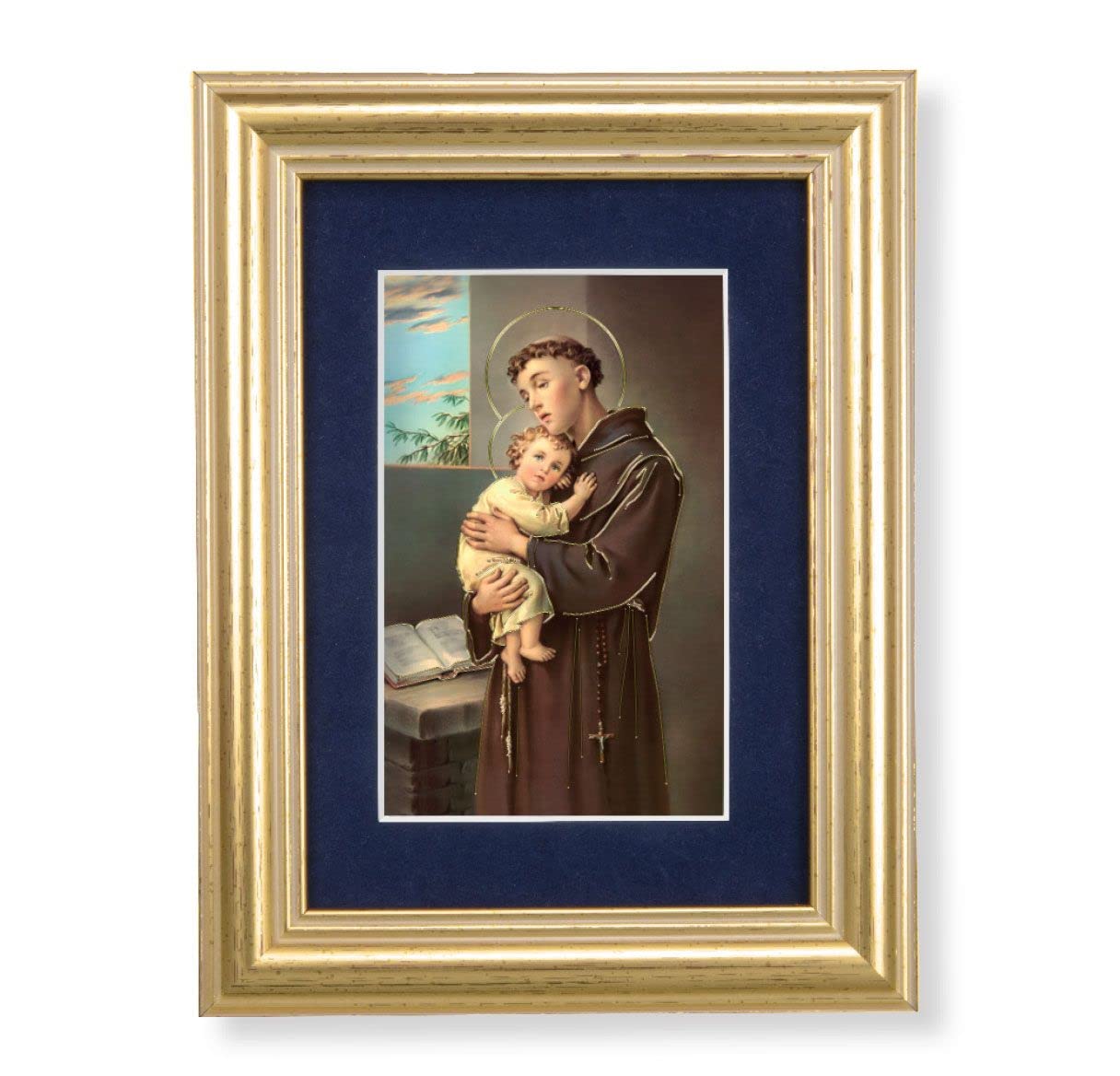 St. Anthony & Child Jesus Picture, 5"x6.5" Antique Gold Fluted Frame, Behind Blue Velvet Matting # 28273