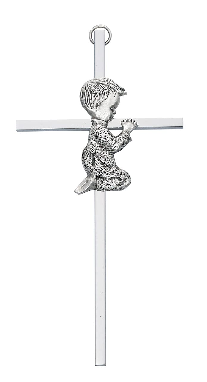 Praying Boy Silver-Tone Metal Wall Cross, Fine Pewter Figure, 6" Tall # 20378