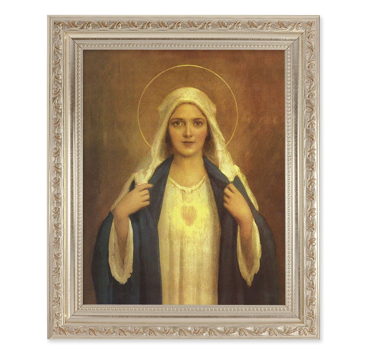 Chambers: Immaculate Heart of Mary, 10"x12" Antique Silver & Carved Scrollwork Frame, Italian Print Under Glass # 26796