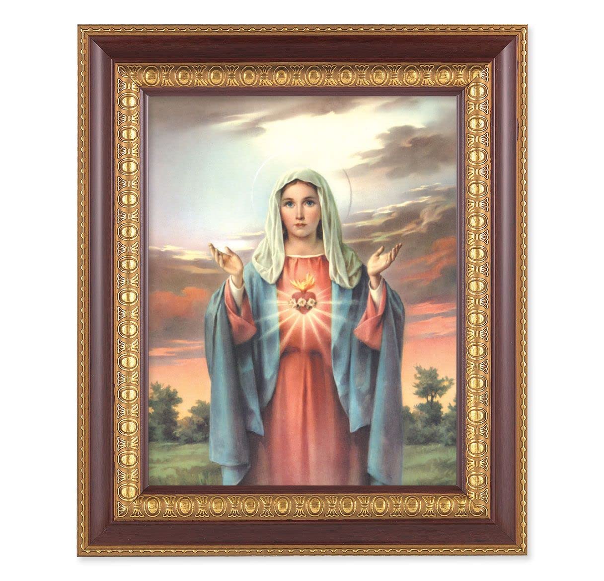 Immaculate Heart of Mary, 11-1/2"x13-1/2, Cherry Finish with Gold Egg & Dart Frame, Italian Print Under Glass # 25992