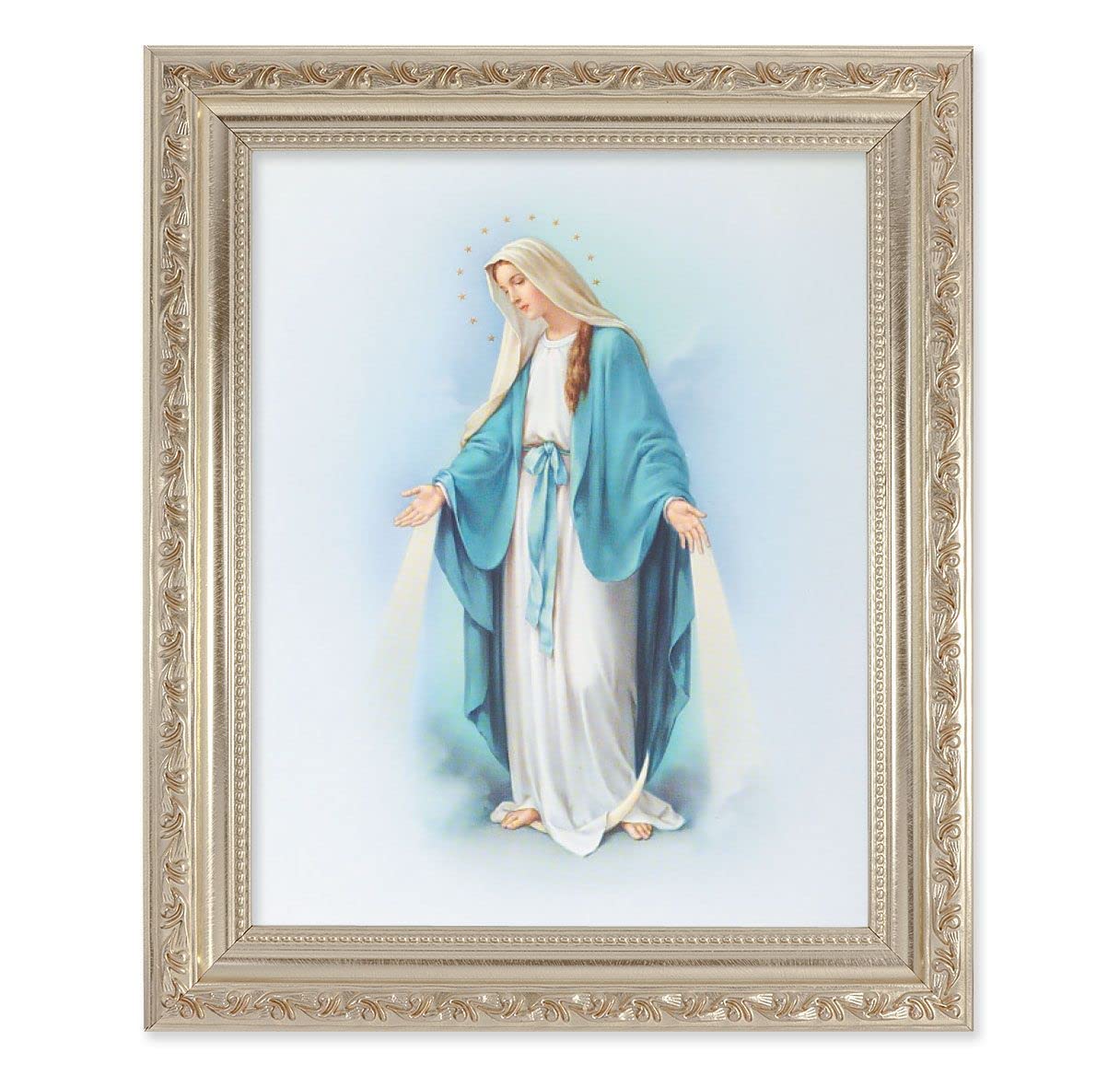 Our Lady of Grace, 10"x12" Antique Silver & Carved Scrollwork Frame, Italian Print Under Glass # 26789