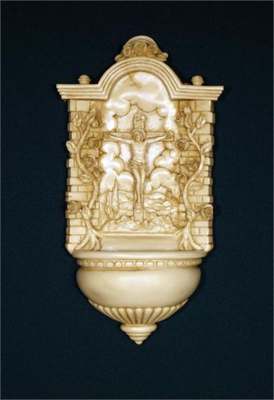 9" CRUCIFIX FONT IN ANTIQUE FINISHED ALABASTER Made in Italy., 96489