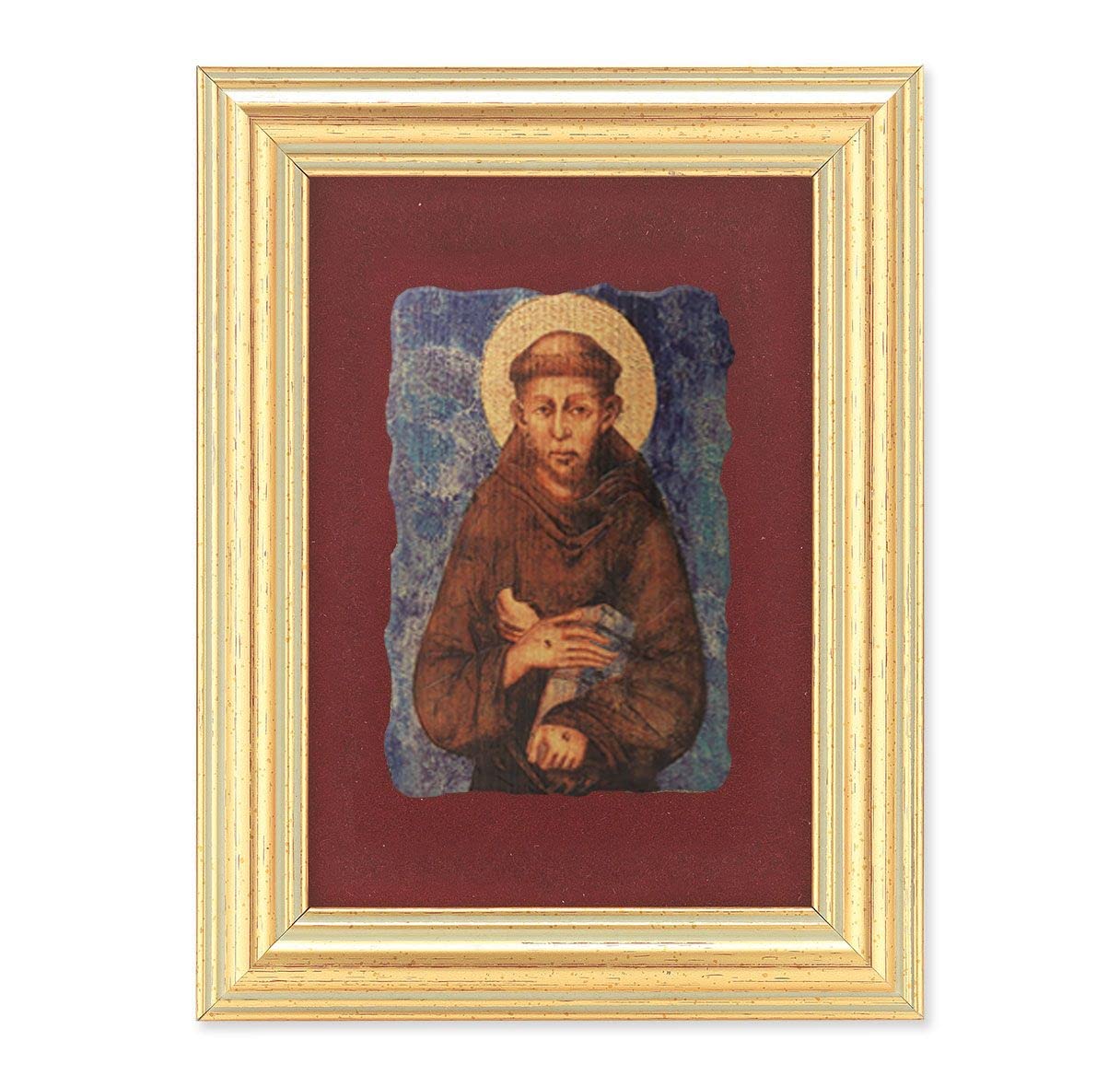 St. Francis Picture, Antique Gold 5" x6-1/2 Frame, Image Centered On Burgundy Velvet Matting # 28128