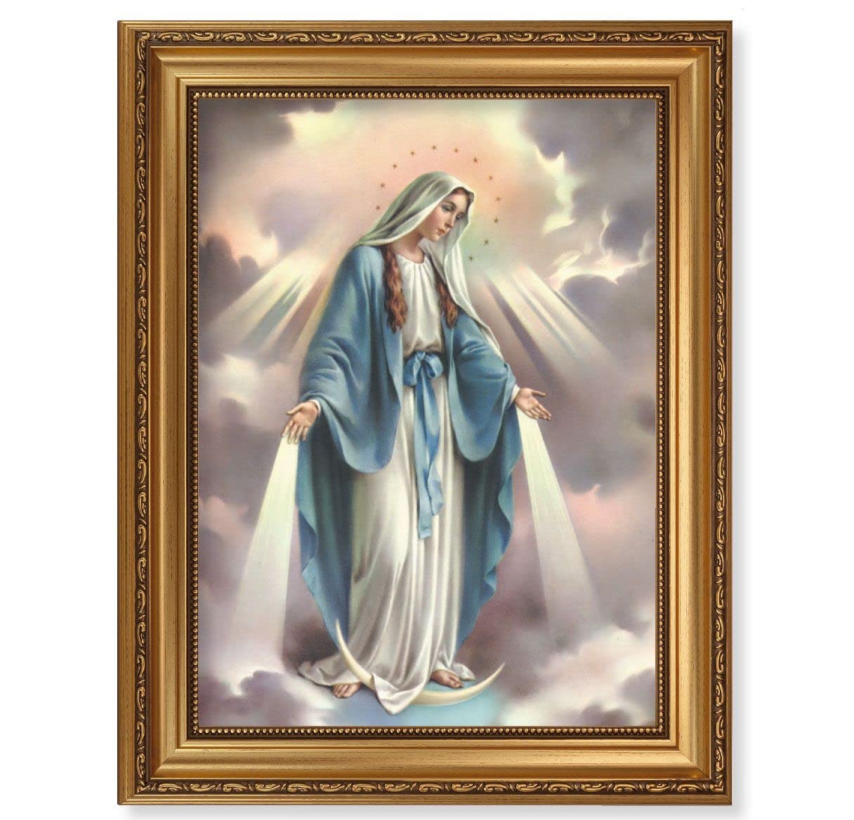 Our Lady of Grace Picture, 15-1/2"x19-1/2 Antique Gold Leaf Frame, Acanthus-Leaf Trim, Beaded Lip, Textured Italian Print # 22179