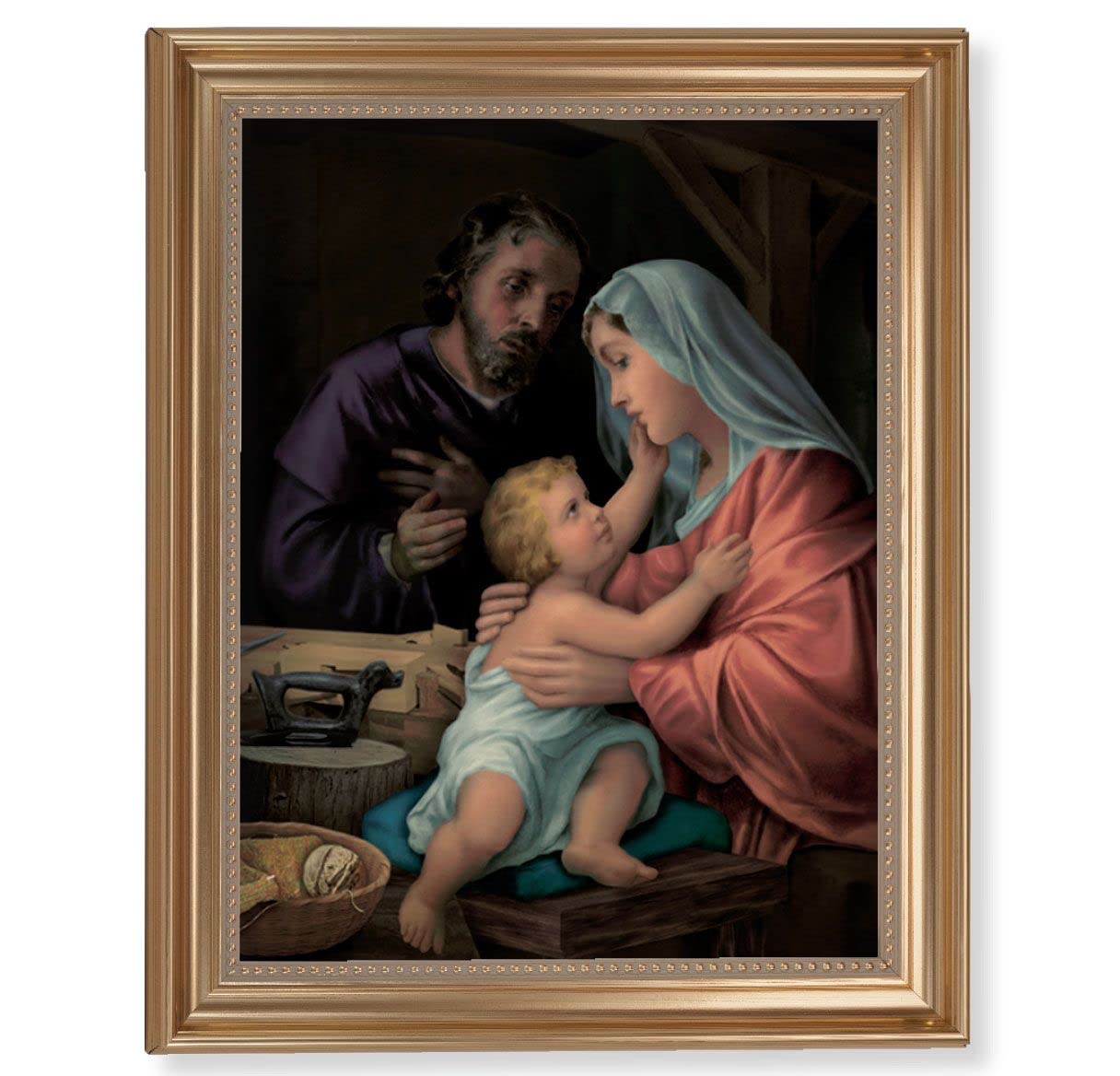 Holy Family Picture, 13-1/2"x16-9/16 Gold-Leaf Fluted Frame with Beaded Lip, Textured Italian Print # 25301