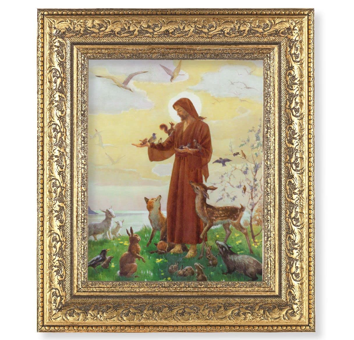 Jesus with Animals Picture, 12-1/2"x14-1/2, Antique Gold Leaf Carvings Ornate Frame, Italian Print Under Glass # 25584