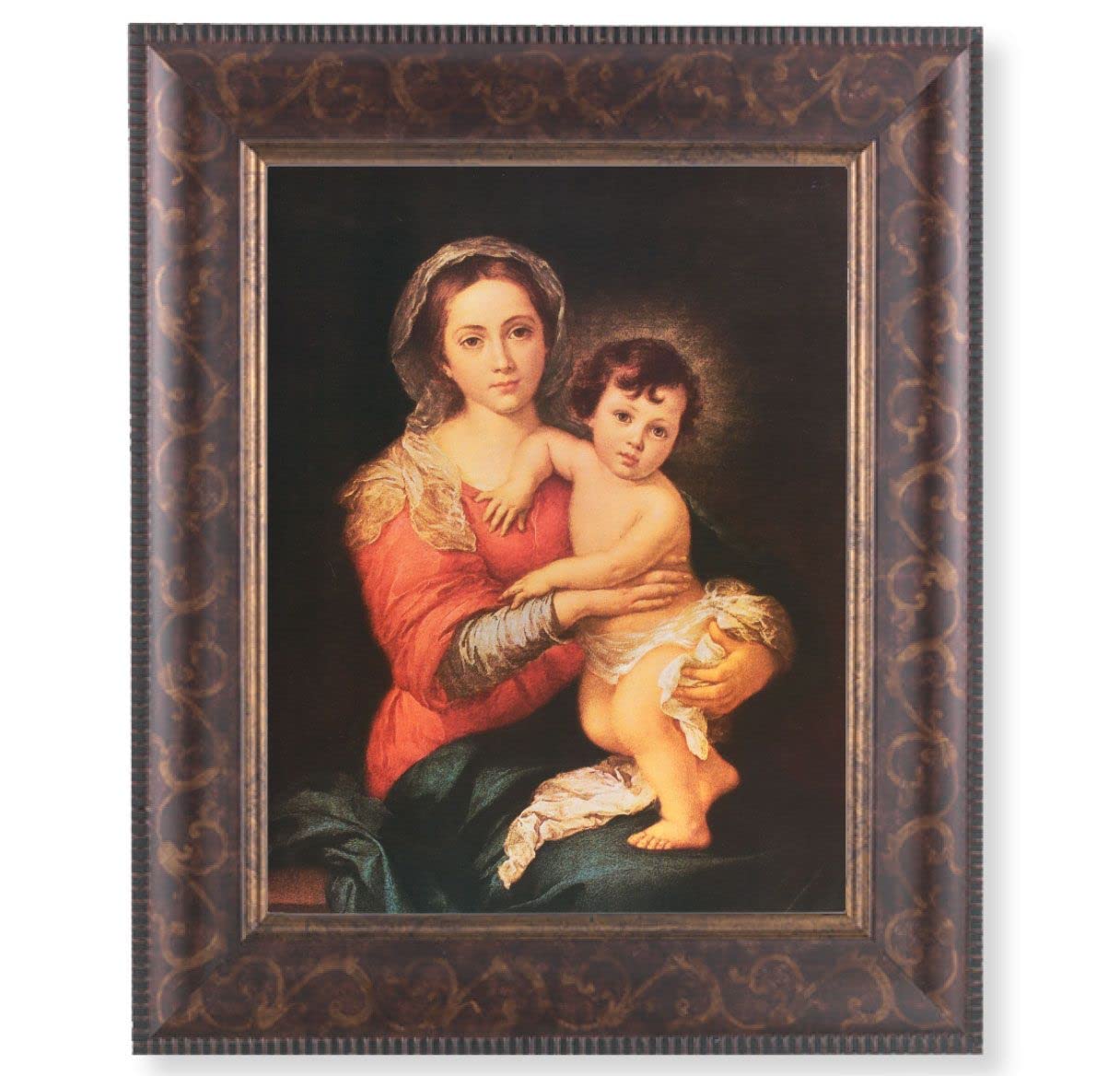 Murillo Madonna and Child Picture, 11-1/4"x13-1/4, Antique Gold & Espresso Frame, Italian Print Under Glass # 25856