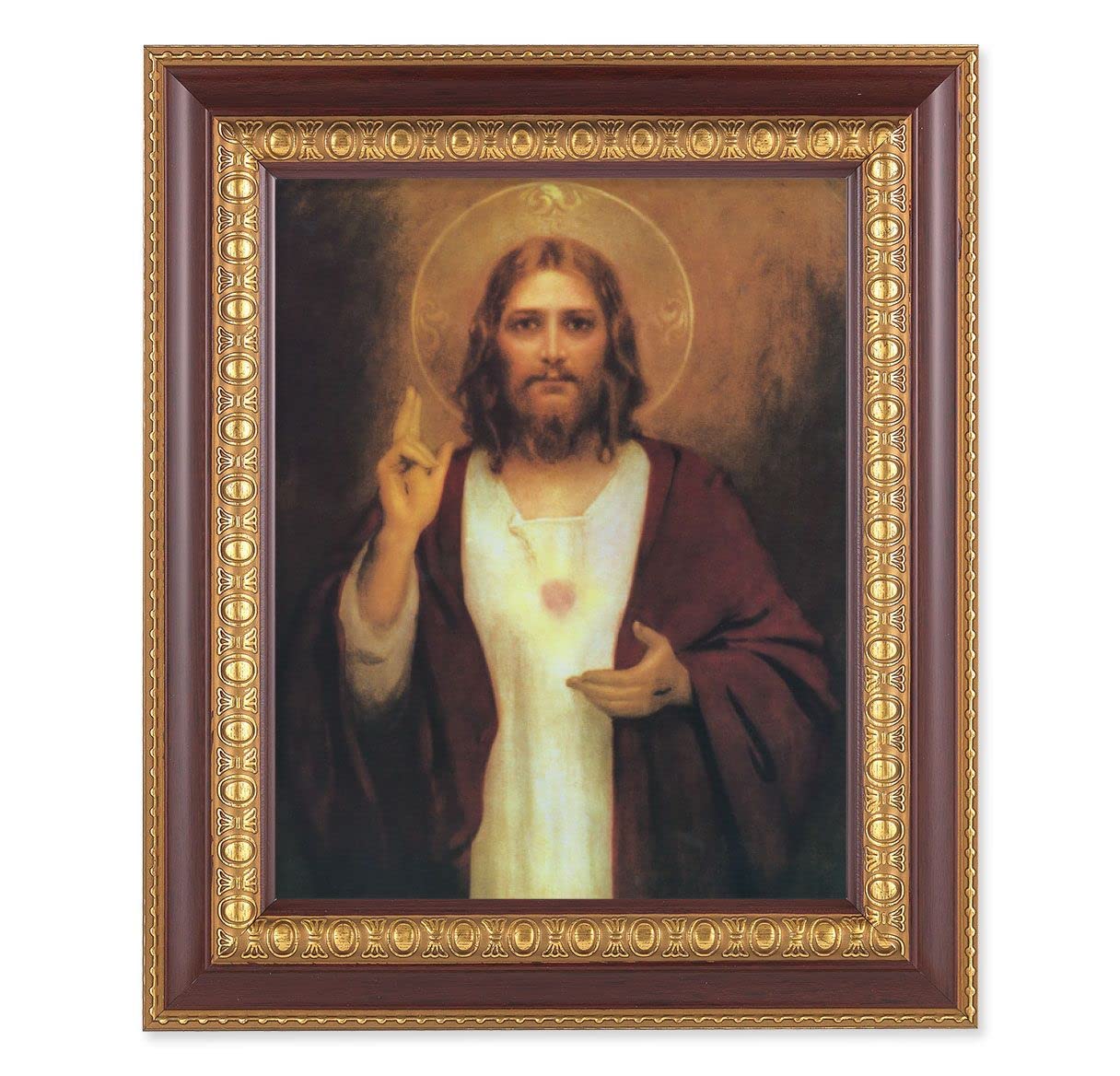 Chambers: Sacred Heart of Jesus, 11-1/2"x13-1/2, Cherry Finish with Gold Egg & Dart Frame, Italian Print Under Glass # 25956