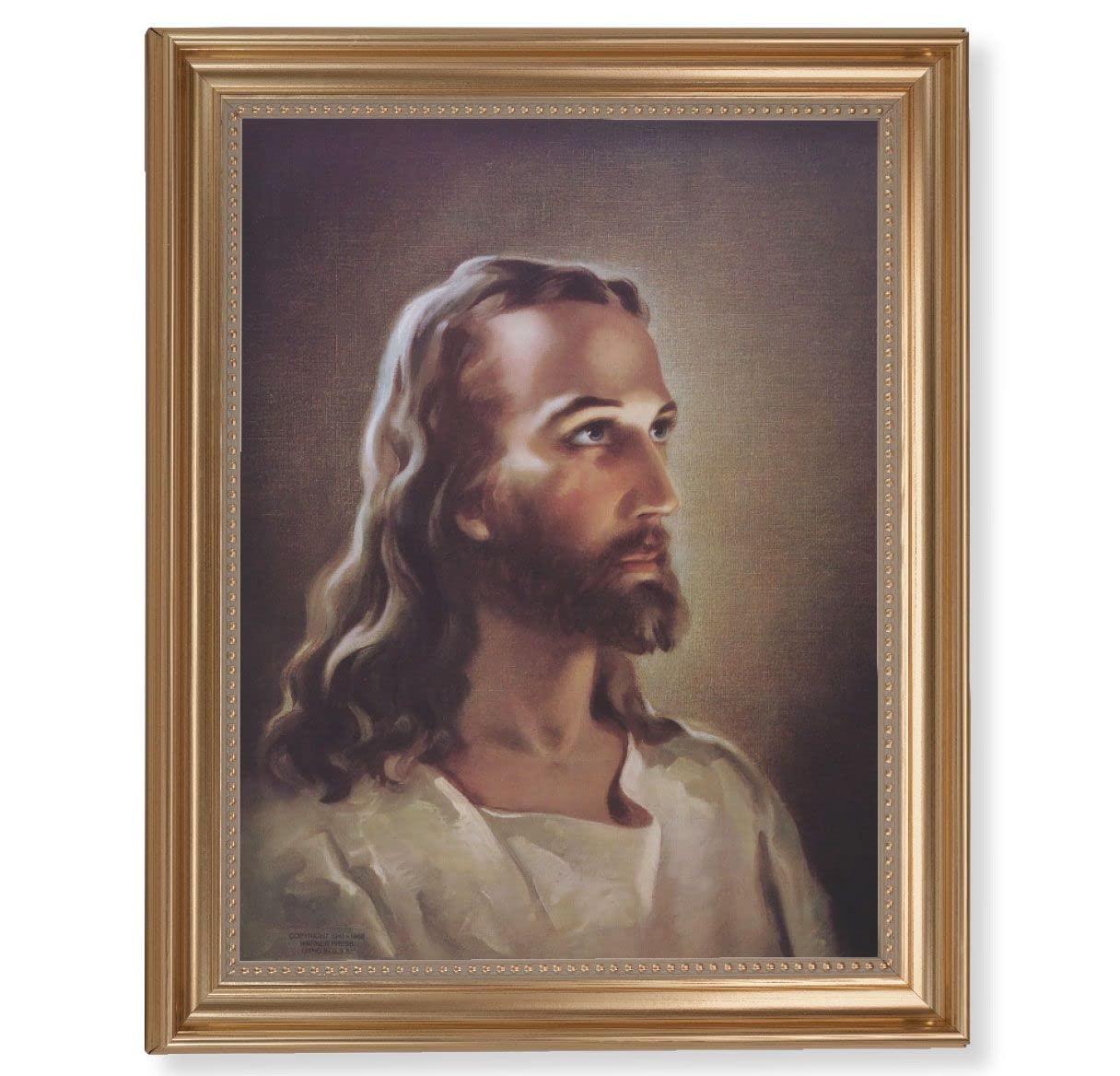 Sallman: Head of Christ Picture, 13-1/2"x16-9/16 Gold-Leaf Fluted Frame with Beaded Lip, Textured Italian Print # 25249