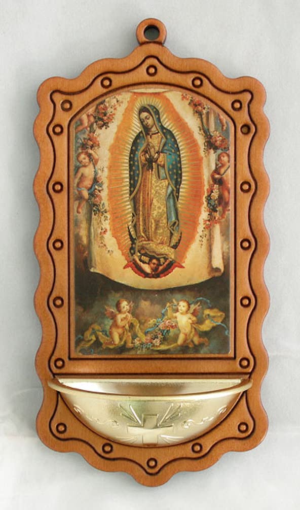 A beautiful Our Lady of Guadalupe Font, metal bowl, 3 1/2"x7". Made in Italy, Wood color, 97549