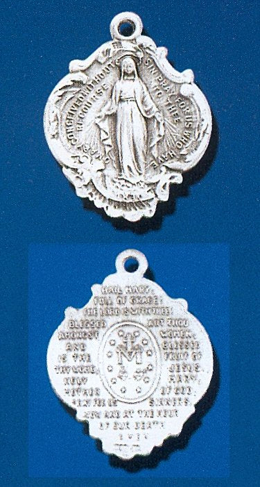 Sterling Silver Miraculous Medal with Hail Mary Prayer on Back, 7/8", #104442, with your choice of chain.