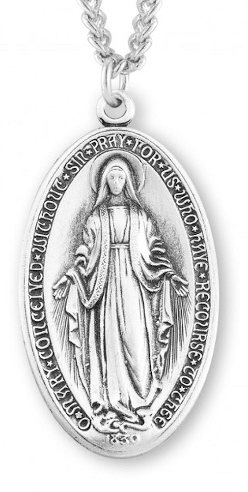 Sterling Silver Miraculous Medal, 1-1/4" overall, Your Choice of Chain, #104450