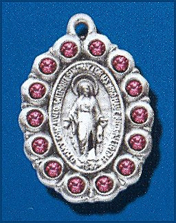 Sterling Silver Pink Crystal Miraculous Medal, #104461 - 13/16"