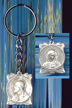 Keychain, Silver Oxide Finish, Sacred Heart / Immaculate Heart, 1-1/4" tall, # 11428