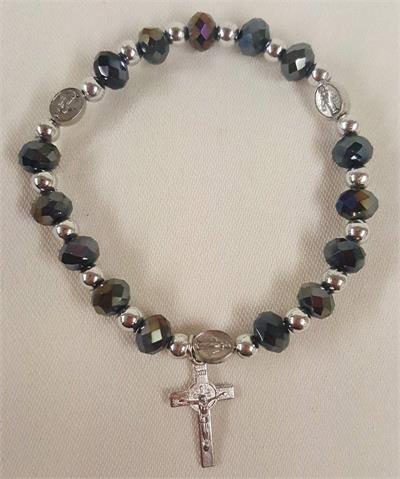 Miraculous Medal Elastic Bracelet, Dark Aurora Borealis Beads, 12-Count Value Pack, # 12