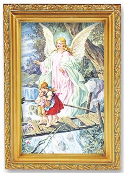 Antique Gold Frame, 5.75"x7.25" overall, Under Glass, Guardian Angel, # 1251