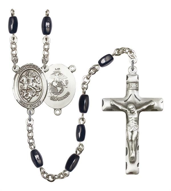 St. George U.S. Marines Rosary, 8x5mm Black Onyx Beads, Silver Plate, # 12718