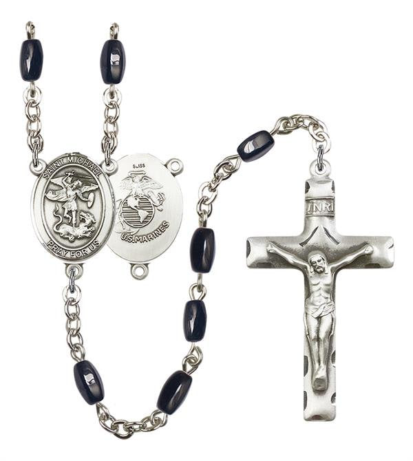 St. Michael U.S. Marines Rosary, 8x5mm Black Onyx Beads, Silver Plate, # 12768