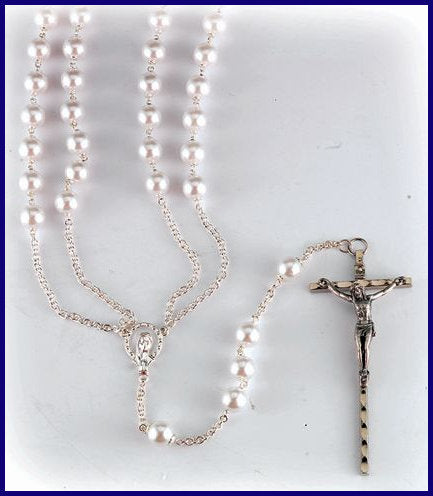 Silver Plated Imitation Pearl Lasso Rosary, # 1286