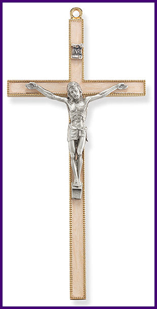 7" Pearlized Gold Plated Crucifix, Pewter Christ Figure, # 1289