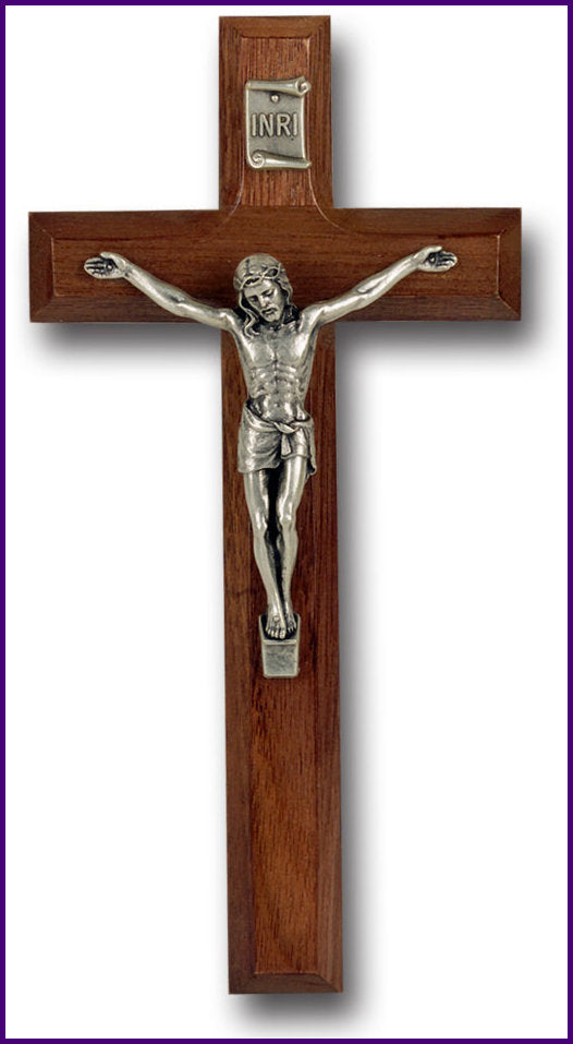 7" Walnut Cross with Antique Silver Plated Jesus, # 1291