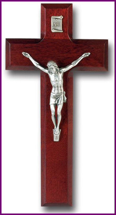 8" Dark Cherry Cross with Antique Silver Plated Corpus Crucifix, # 1306