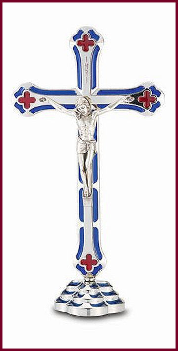 8'' Standing Silver Plated Blue Enameled Salerni Cross, # 1307