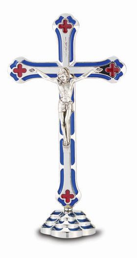 6'' Standing Silver Plated Blue Enameled Salerni Cross, # 130