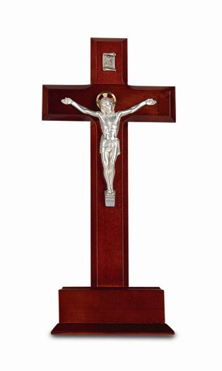 10" Standing Dark Cherry Cross on Base with Silver Plated "Salerni" Corpus, # 1334