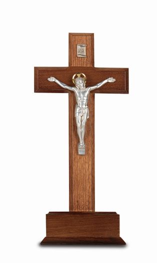 10" Standing Walnut Cross on Base with Silver Plated "Salerni" Corpus, # 1335