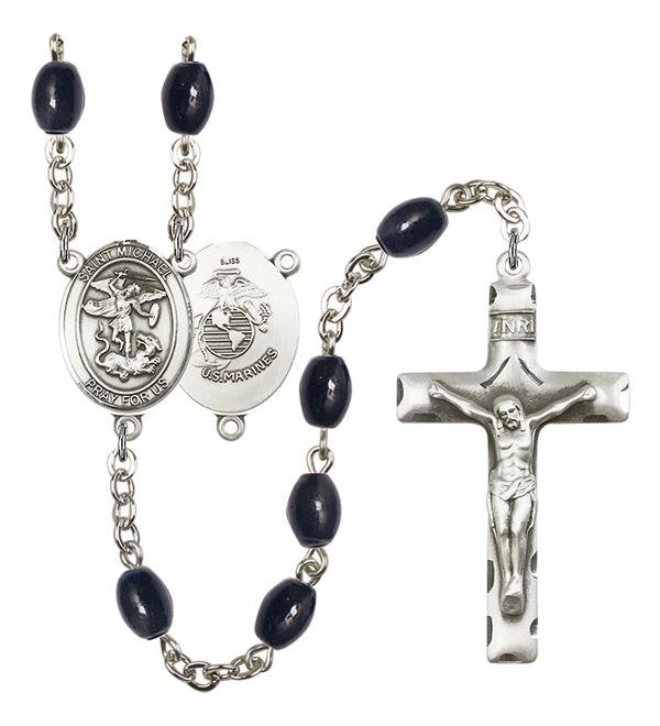 St. Michael U.S. Marines Rosary, 8x6mm Black Onyx Beads, Silver Plate, # 13358
