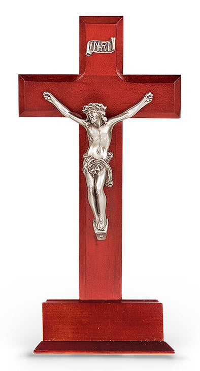 10" Standing Dark Cherry Cross on Base with Genuine Pewter Corpus, # 1338