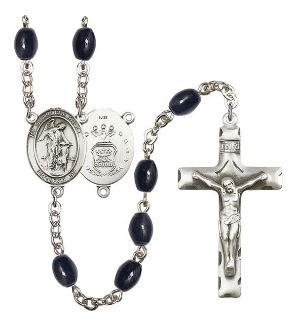 Guardian Angel U.S. Air Force Rosary, 8x6mm Black Onyx Beads, Silver Plate, # 13416