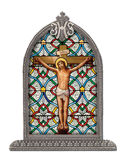 Crucifixion Textured Italian Art Glass in Arched Frame, 6.5", # 1391