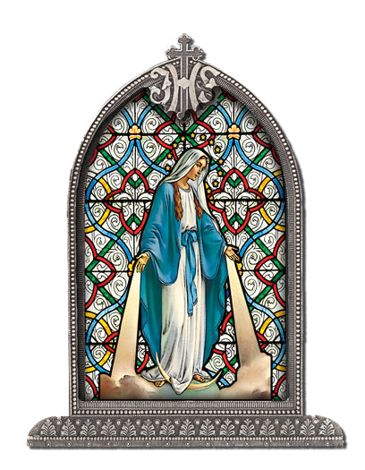 Our Lady of Grace Textured Italian Art Glass in Arched Frame, 6.5", # 1395