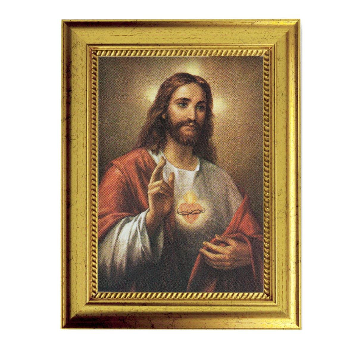 La Fuente: Sacred Heart of Jesus Picture, 6-3/4"x8-3/4 Antique Gold Frame with Rope Detail Lip, Textured # 27986