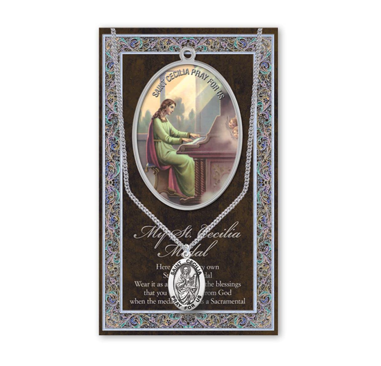 15/16" Pewter Medal with Folding Prayer Card, St. Cecilia, # 93120
