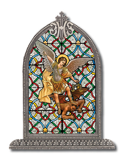 St. Michael Textured Italian Art Glass in Arched Frame, 6.5", # 1410