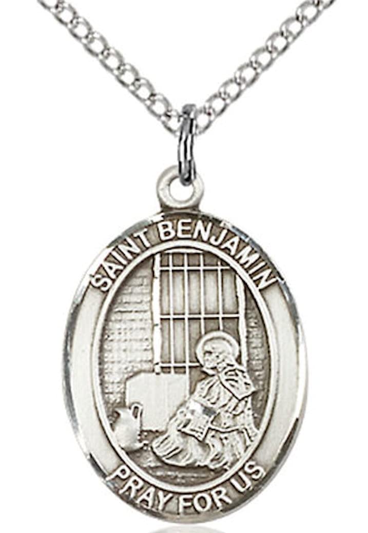 St. Benjamin Medal in Fine Pewter, 3/4" tall, Your Choice of Chain # 16971