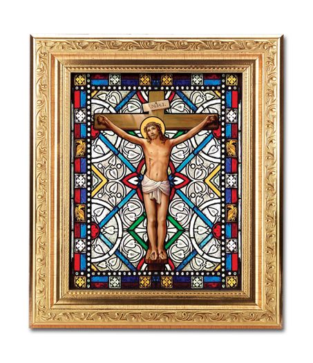 Crucifixion Framed Textured Italian Art Glass in 8" x 10" Finely Detailed Gold Frame, # 1438
