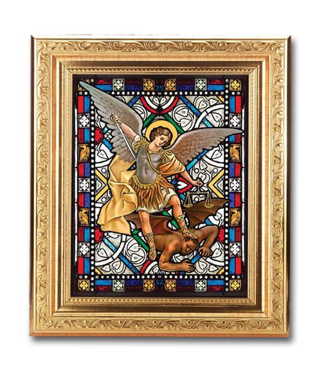 St. Michael Framed Textured Italian Art Glass in 8" x 10" Finely Detailed Gold Frame, # 1452