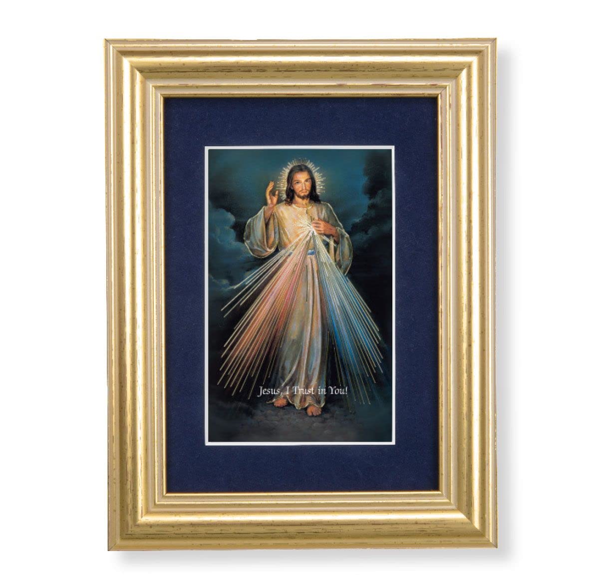 Divine Mercy Picture, 5"x6.5" Antique Gold Fluted Frame, Behind Blue Velvet Matting # 28257